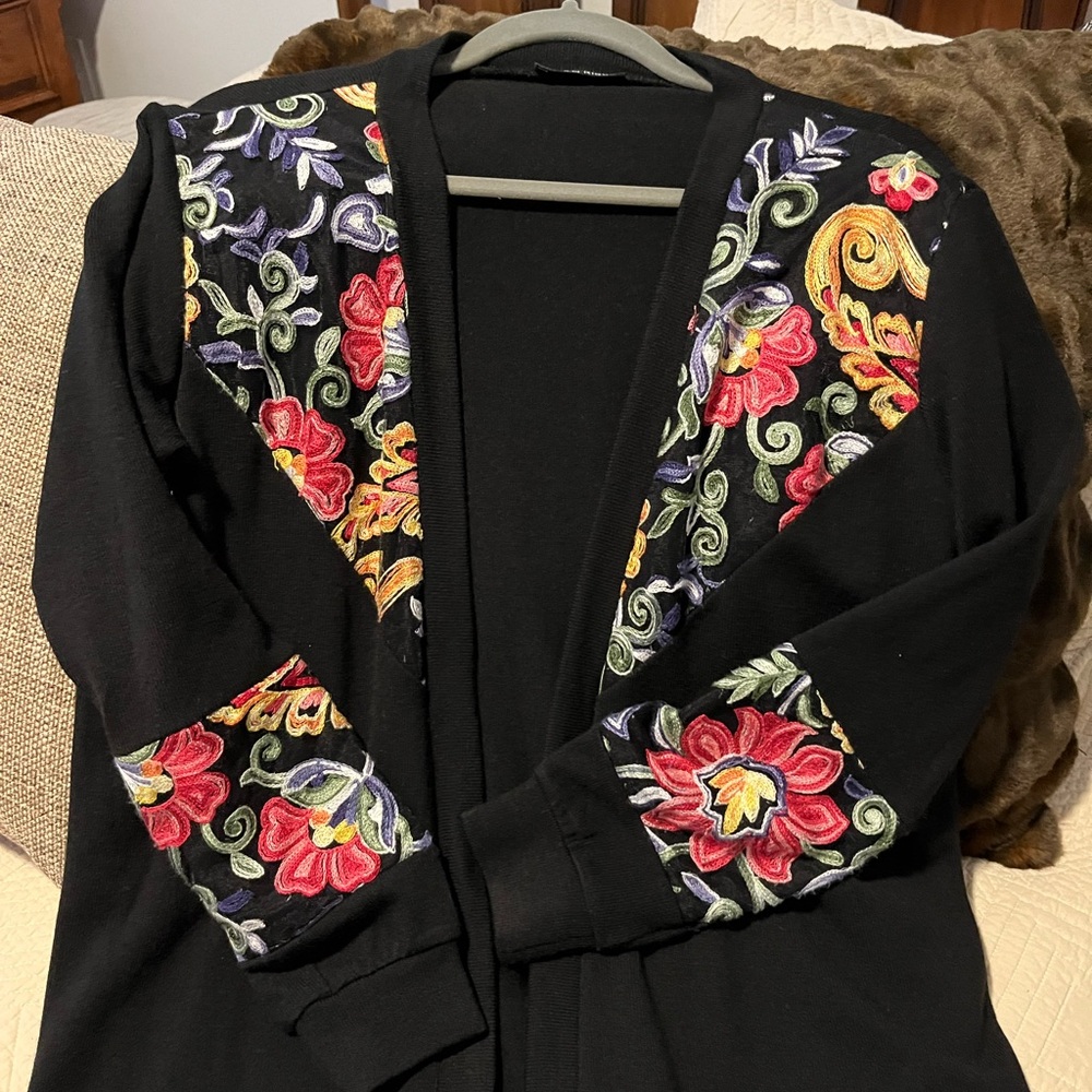 Beautiful Floral Embroidered Black Cardigan